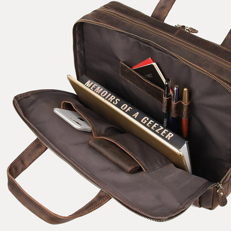 Crazy Horse Leather Briefcase High-Quality Leather Messenger Bags Men's Large Travel Shoulder Bag