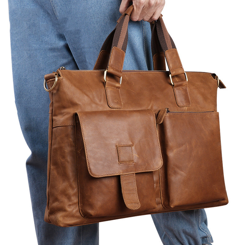 Crazy Horse Leather Briefcase Retro Tote Bag Handmade Shoulder Messenger Bag