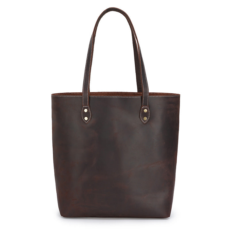 Full Grain Crazy Horse Leather Shoulder Bag Vintage Style Handbag Large Capacity Women Everyday Tote