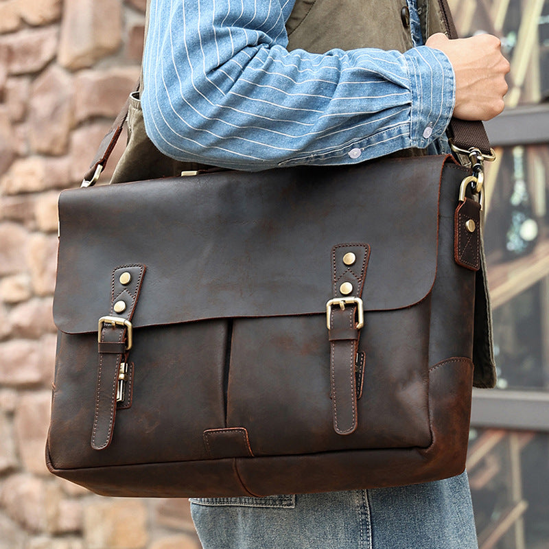 Full Grain Leather Briefcase Men's Leather Messenger Bag Handmade Laptop Bag Crossbody Shoulder Bag Top Handle Business Bag