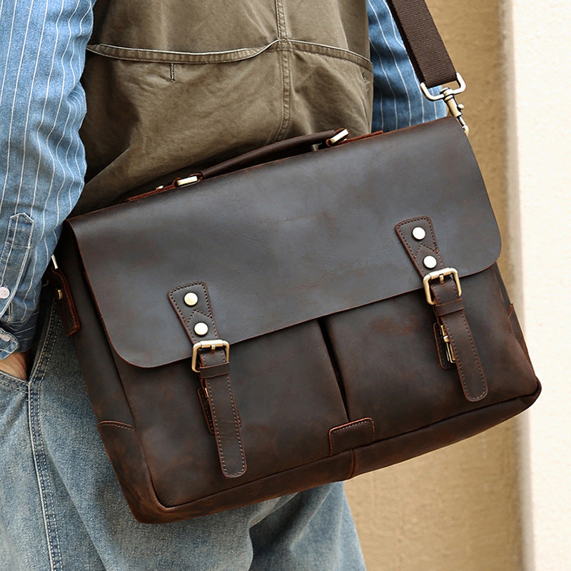 Full Grain Leather Briefcase Men's Leather Messenger Bag Handmade Laptop Bag Crossbody Shoulder Bag Top Handle Business Bag