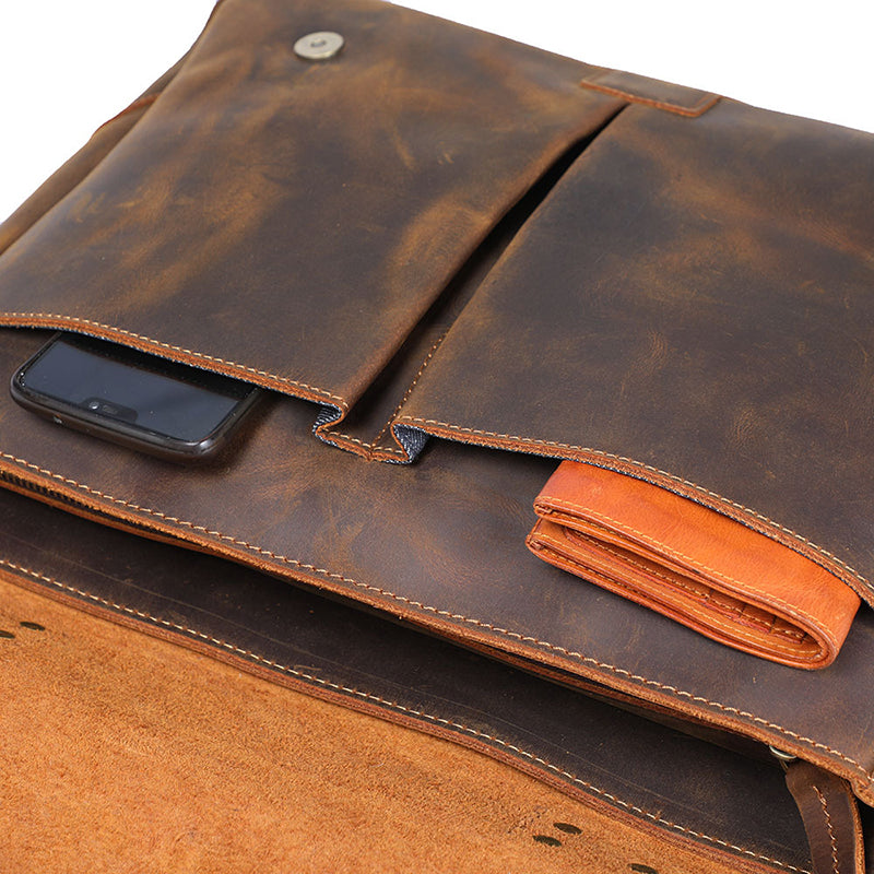 Full Grain Leather Briefcase Men's Leather Messenger Bag Handmade Laptop Bag Crossbody Shoulder Bag Top Handle Business Bag
