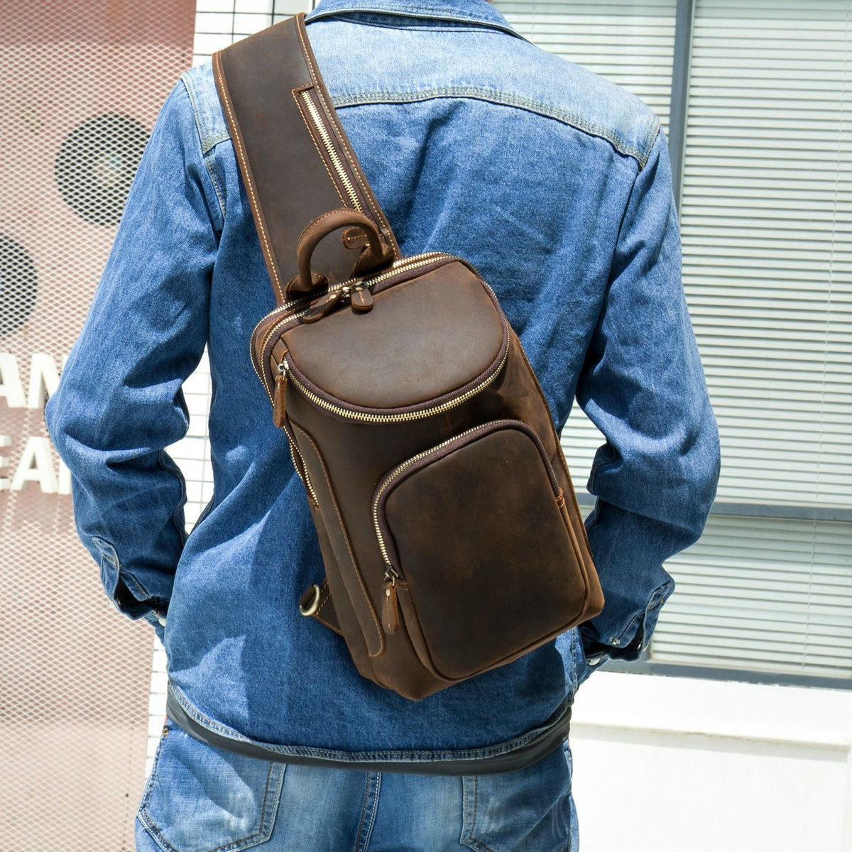 Full Grain Leather Chest Bag Retro Leather Crossbody Bag Handmade Mens Leather Sling Bag