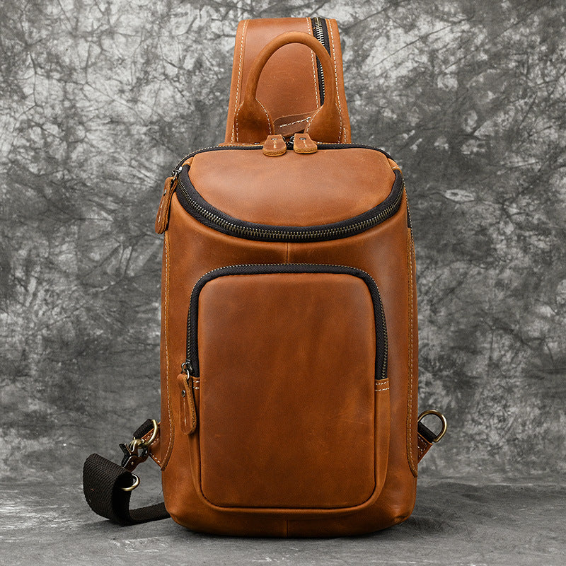 Full Grain Leather Chest Bag Retro Leather Crossbody Bag Handmade Mens Leather Sling Bag