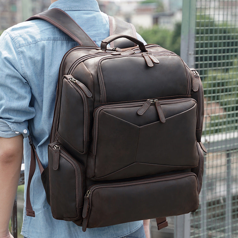 Full Grain Leather Large Travel Backpack Crazy Horse Leather Retro Backpack Mens Outdoor Travel Rucksack Laptop Backpack