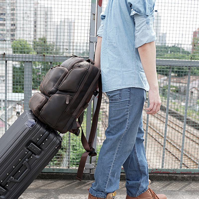 Full Grain Leather Large Travel Backpack Crazy Horse Leather Retro Backpack Mens Outdoor Travel Rucksack Laptop Backpack