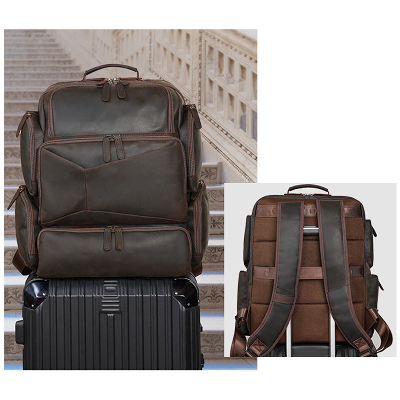 Full Grain Leather Large Travel Backpack Crazy Horse Leather Retro Backpack Mens Outdoor Travel Rucksack Laptop Backpack