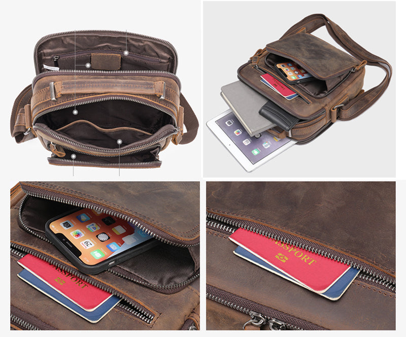 Full Grain Leather Men's Satchel Leather Mens Crossbody Bag Small Leather Shoulder Bag Satchel Bag Retro Messenger Bag