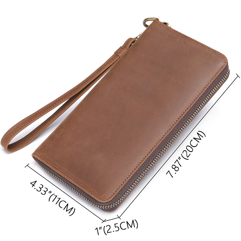 Full Grain Leather Men's Wallet Handmade Long Clutch Retro Mens Leather Zipper Wallet M1028