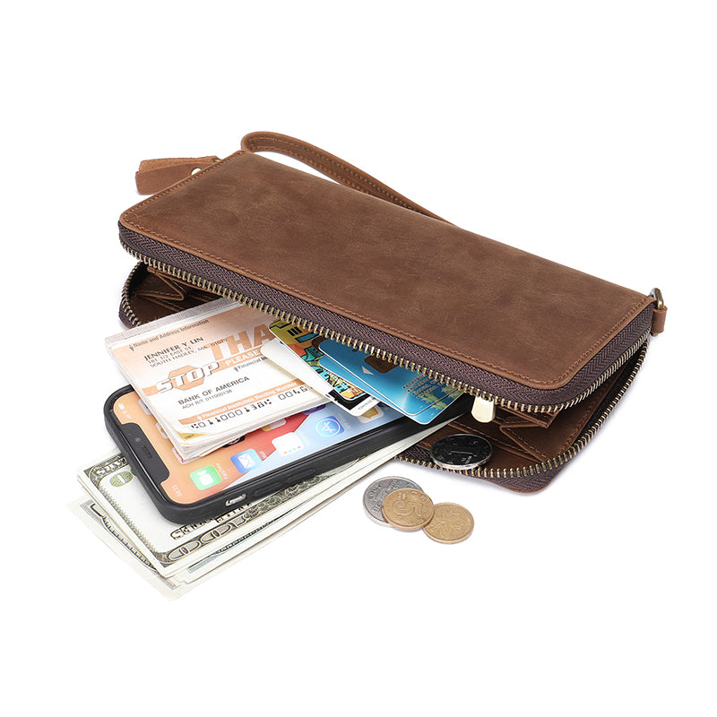 Full Grain Leather Men's Wallet Handmade Long Clutch Retro Mens Leather Zipper Wallet M1028