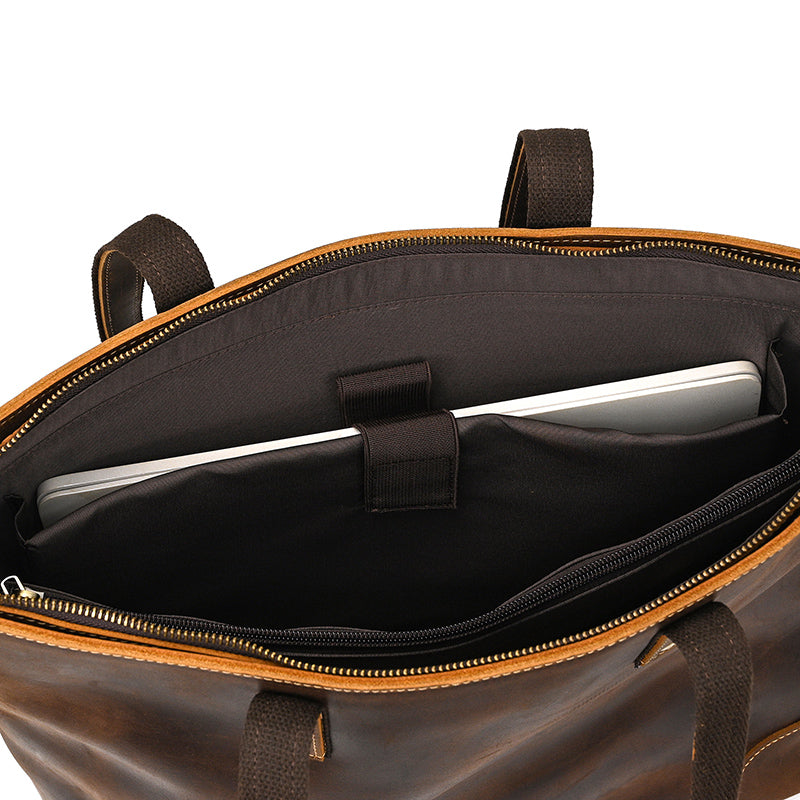 Full Grain Leather Tote Bag Handcrafted Office Bag Leather Shoulder Bag Women Tote With Zipper Outside Pocket