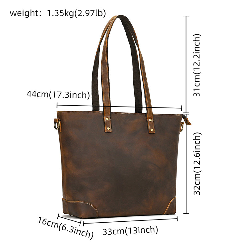 Full Grain Leather Tote Bag Handcrafted Office Bag Leather Shoulder Bag Women Tote With Zipper Outside Pocket