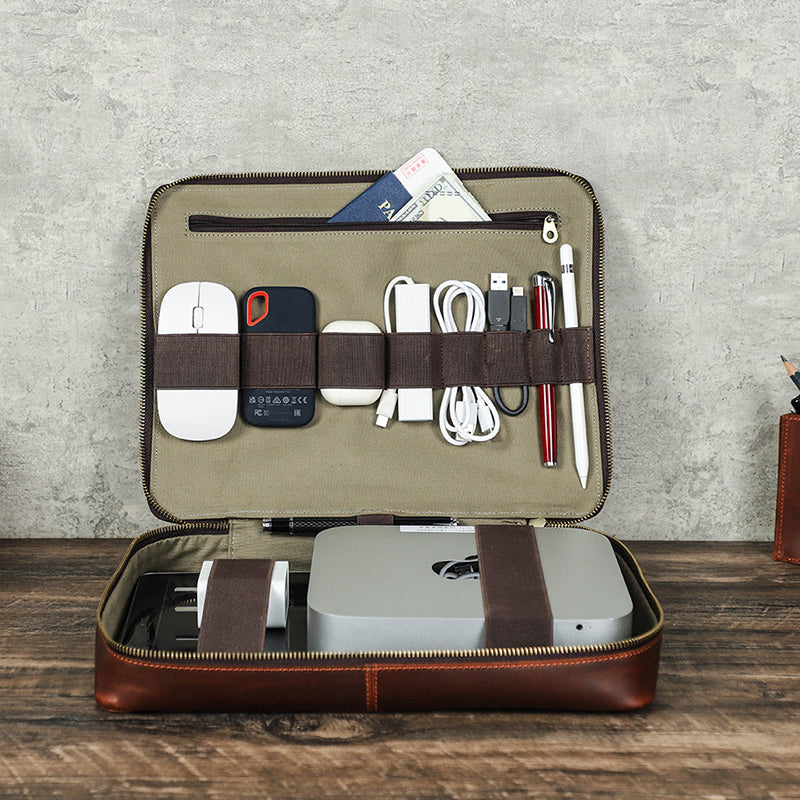 Full Grain Leather Travel Cable Organizer Bag Travel Electronics Accessories Bag Leather Tech Organizer