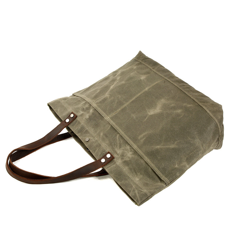 Waxed Canvas Shoulder Bag with Leather Handle, Canvas Everyday Tote Bag, Unisex Handbag
