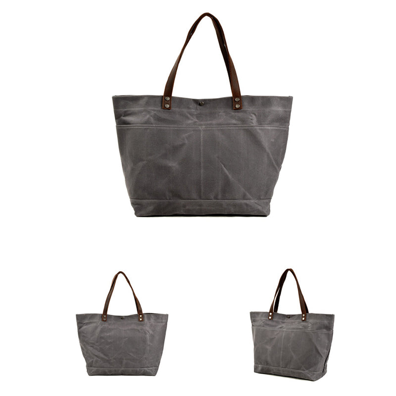 Waxed Canvas Shoulder Bag with Leather Handle, Canvas Everyday Tote Bag, Unisex Handbag