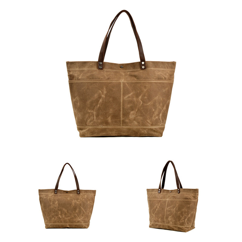 Waxed Canvas Shoulder Bag with Leather Handle, Canvas Everyday Tote Bag, Unisex Handbag