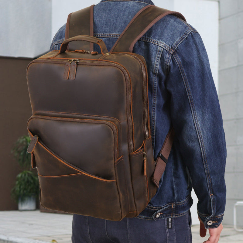 Full Grain Leather backpack Mens Crazy Horse Laptop Backpack Handmade Retro Large Leather Travel Backpacks For Mens