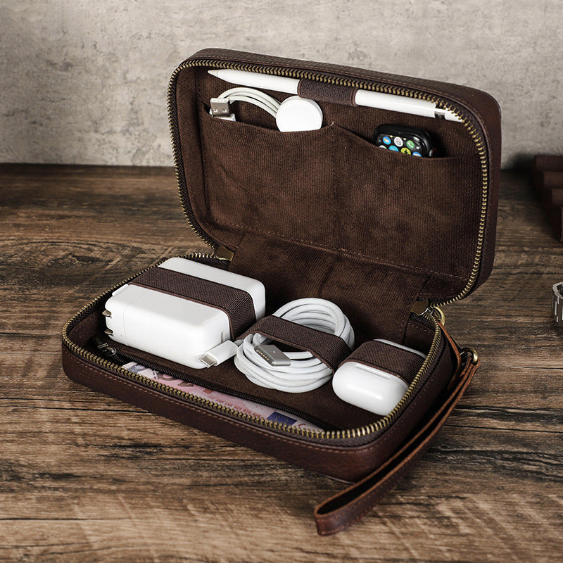 Handmade Leather Charger and Cable Organizer Bag Cord organizer Travel Zipped Leather Kit Full Grain Leather Travel Electronics Accessories Bag