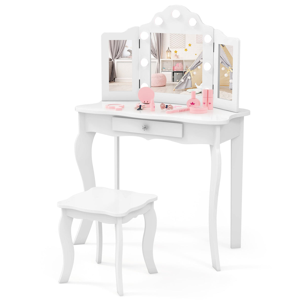 Kid Vanity Table Stool Set with Tri-Folding Mirror and 3-Color LED Lights-White