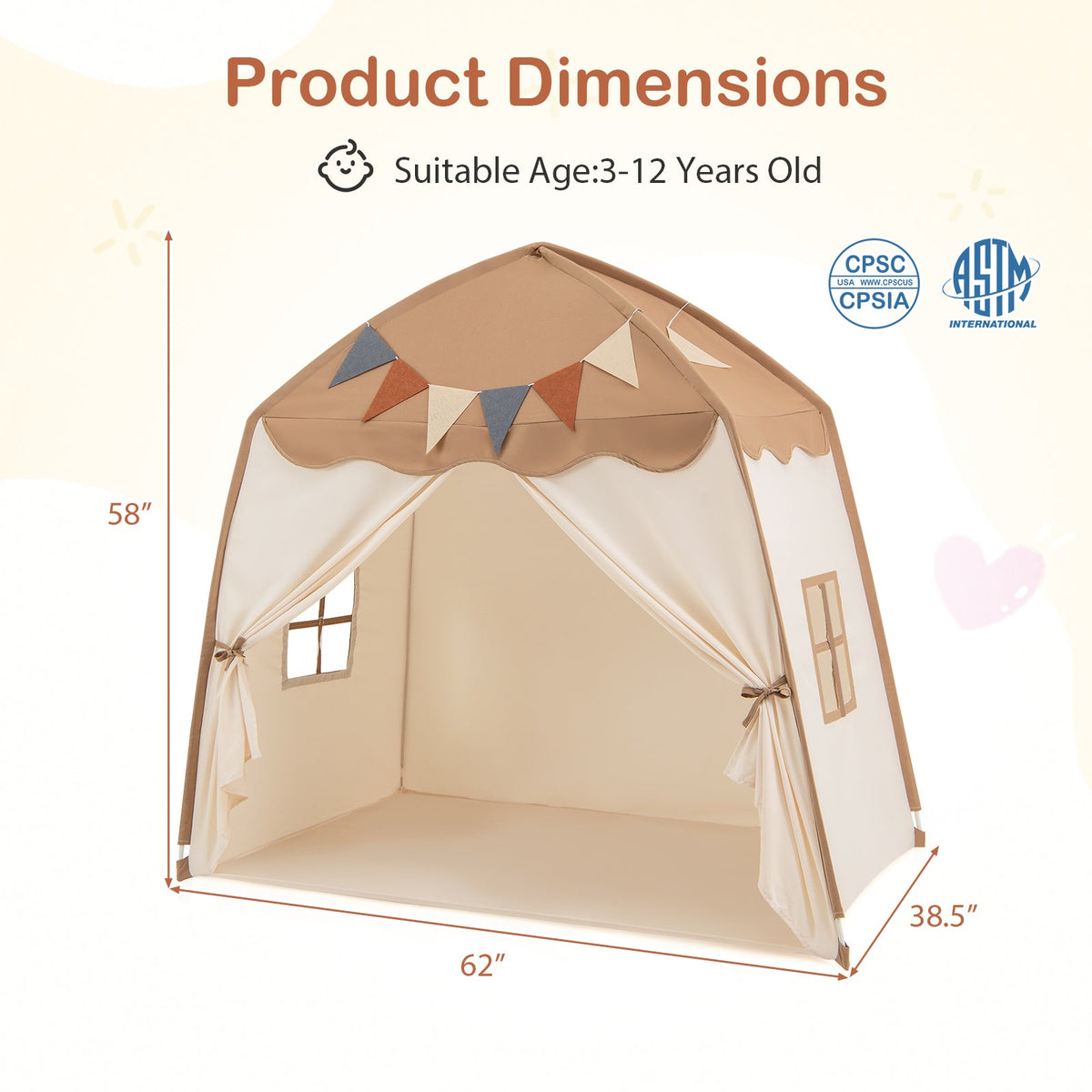 Kids Play Tent Bed Tent with String Lights Extra Large Playhouse Tent-Coffee