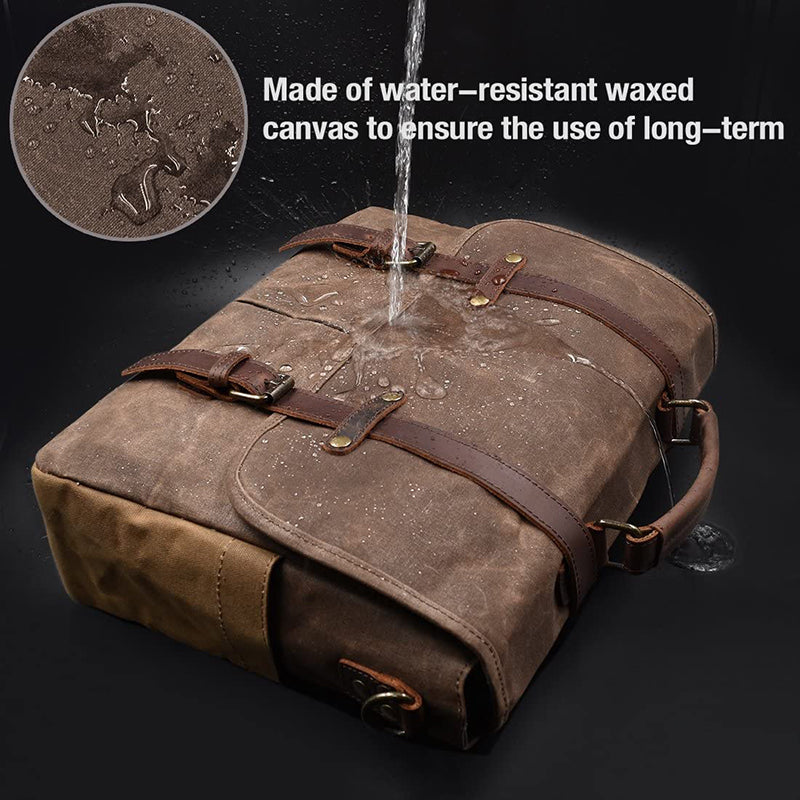 Mens Messenger Bag Waxed Canvas Briefcase 15.6 Inch Waterproof Vintage Canvas Leather Computer Laptop Bag Rugged Satchel Shoulder Bag
