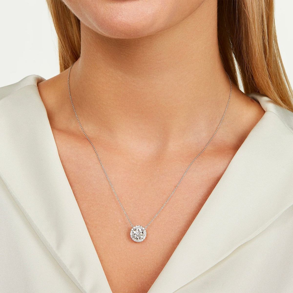 1.50 CTW AGI Certified Lab-Grown Diamond Halo Pendant Necklace in 14kt White Gold