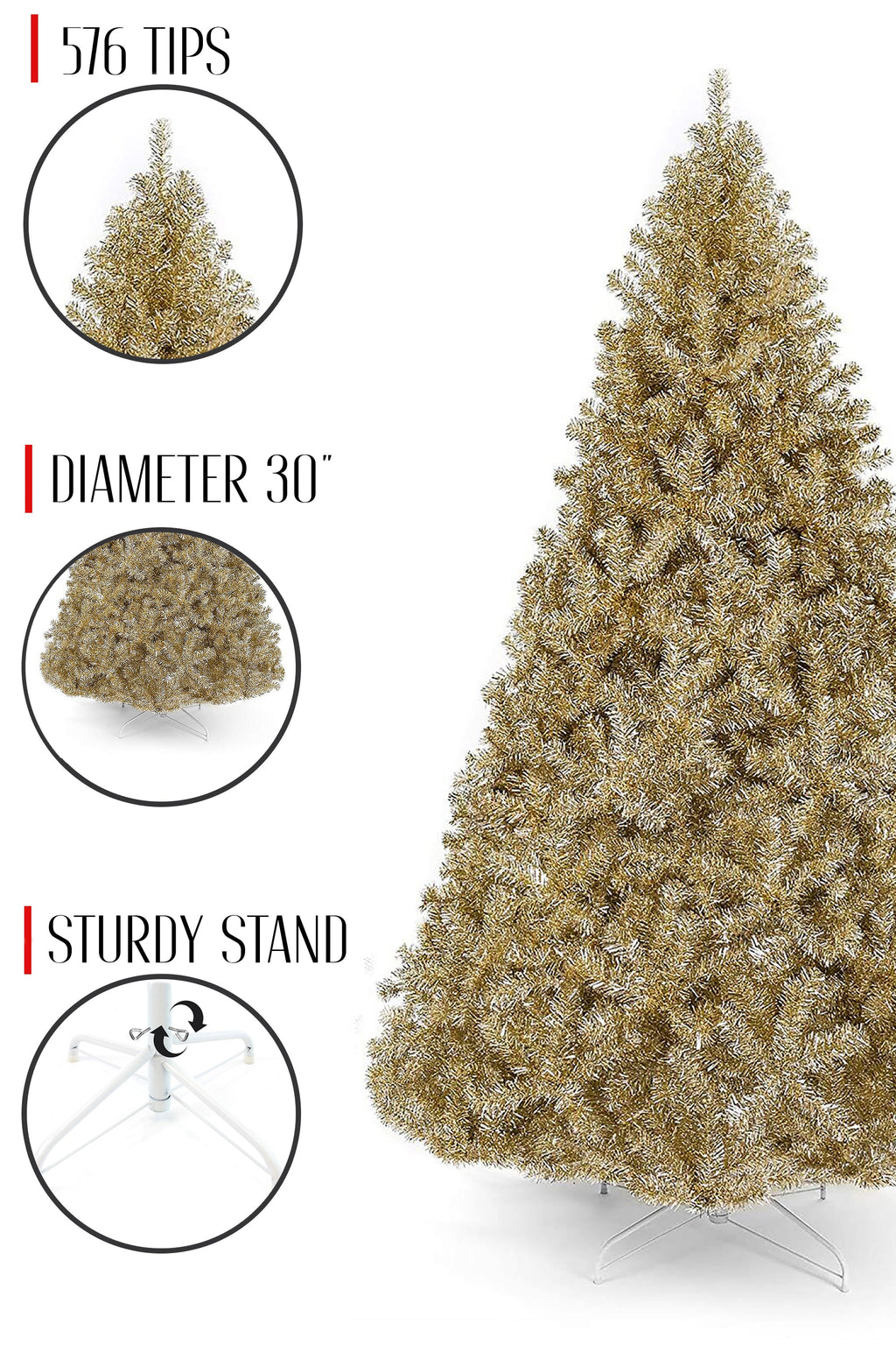 Full Bodied Metallic Gold Tinsel Tree with White Metal Stand