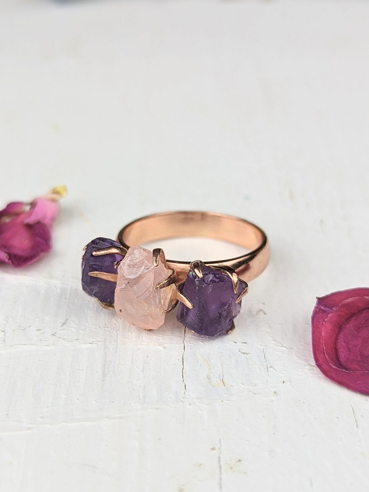 Amethyst/Rose Quartz Cluster Ring - Rose Gold