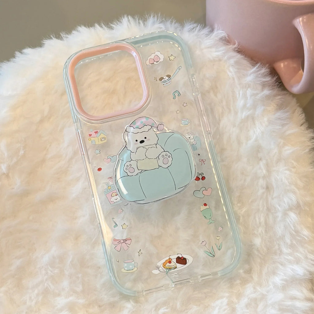 INS Dessert Clear Cartoon Sofa Puppy Bracket With Chain Phone Case For iPhone