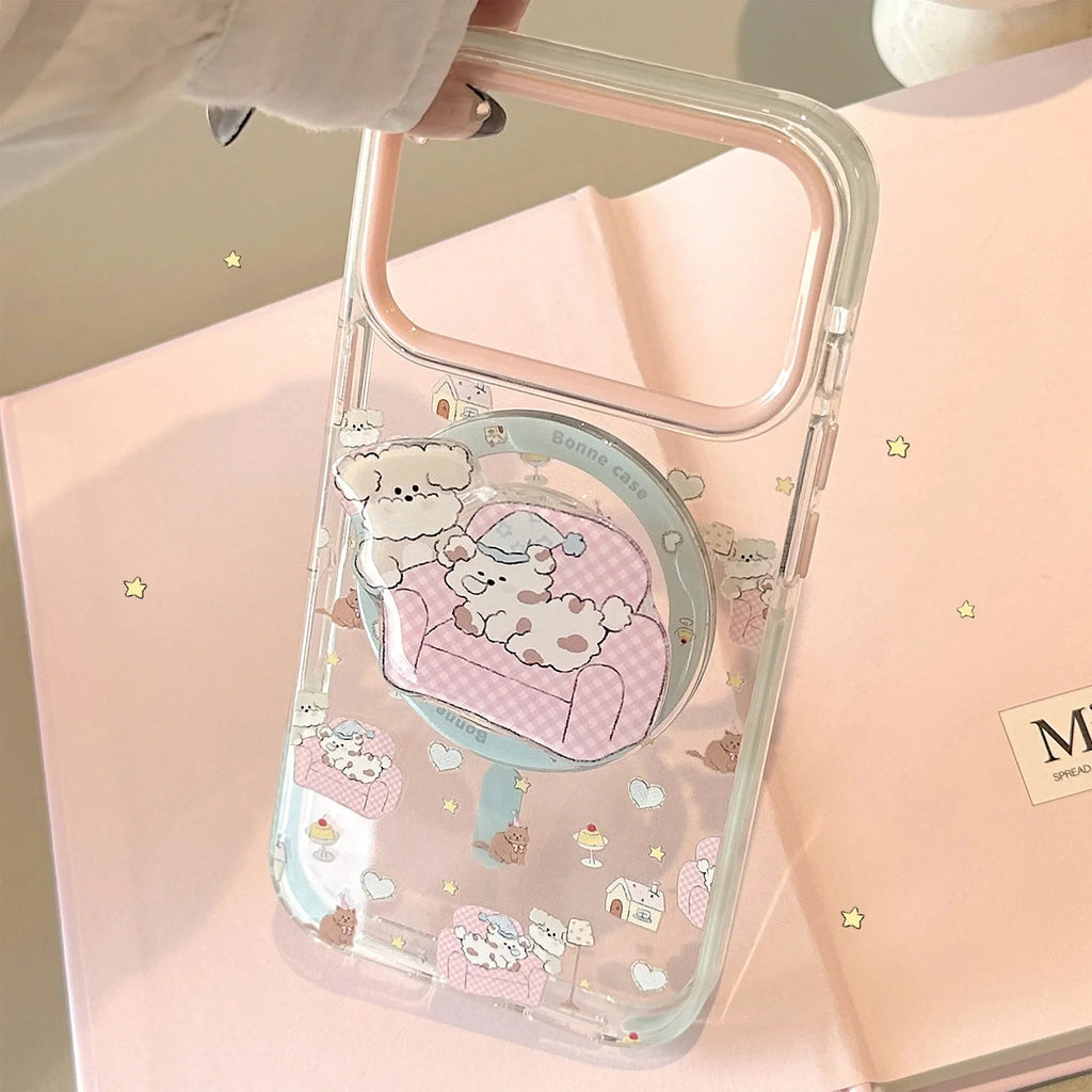 Korean Cartoon Pink Sofa Puppy House Holder Magnetic Phone Case For iPhone