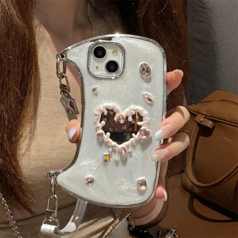 Luxury 3D Glitter Gemstone Love Heart Mirror Phone Case For iPhone