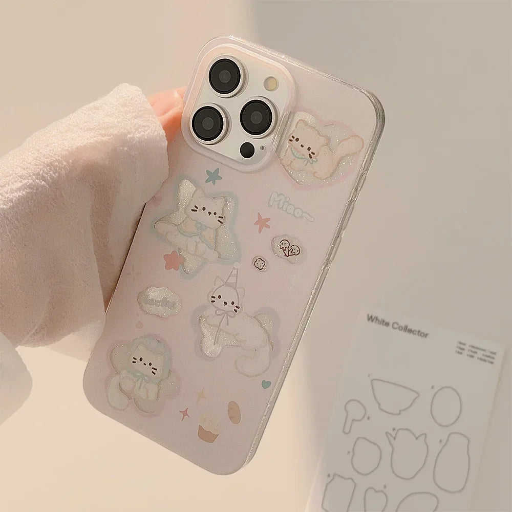 Korean Glitter Cartoon Cute Cats Clear Soft Phone Case For iPhone