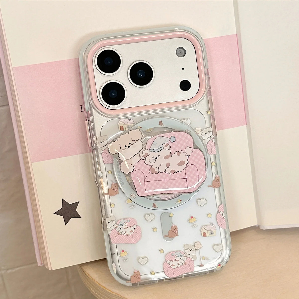 Korean Cartoon Pink Sofa Puppy House Holder Magnetic Phone Case For iPhone