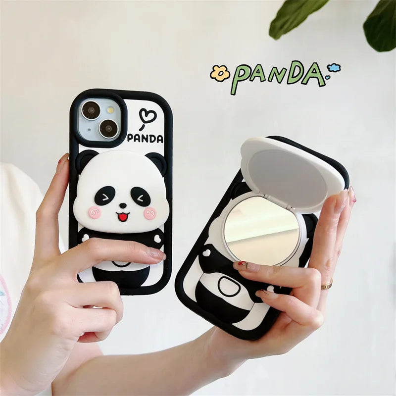 ins Cute Cartoon Panda Flip Mirror Bracket Soft Silicone Phone Case For iPhone