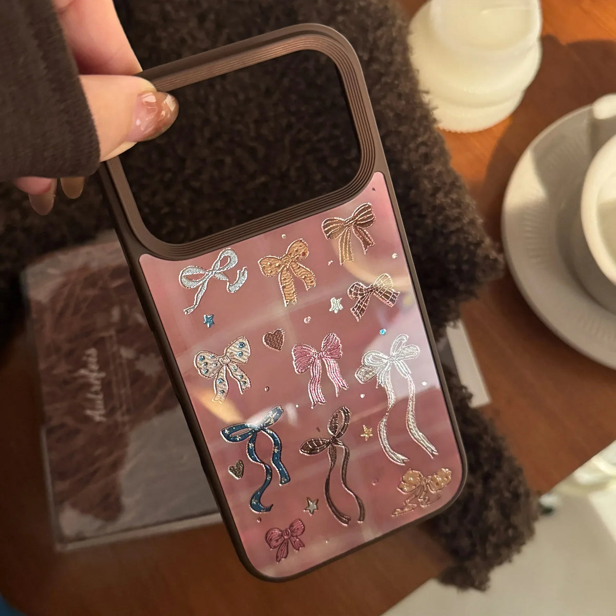 Korean Brown Colorful Bownot Pattern Phone Case For iPhone