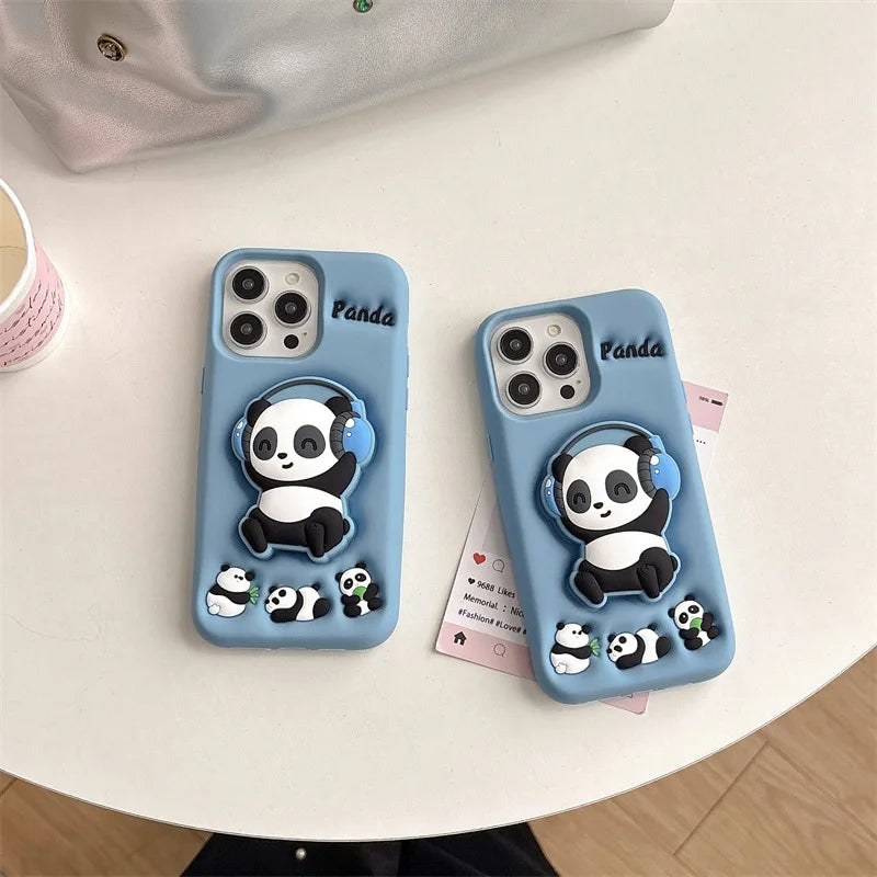 Cartoon Headset Panda Soft Silicone Telescopic Bracket Phone Case For iPhone