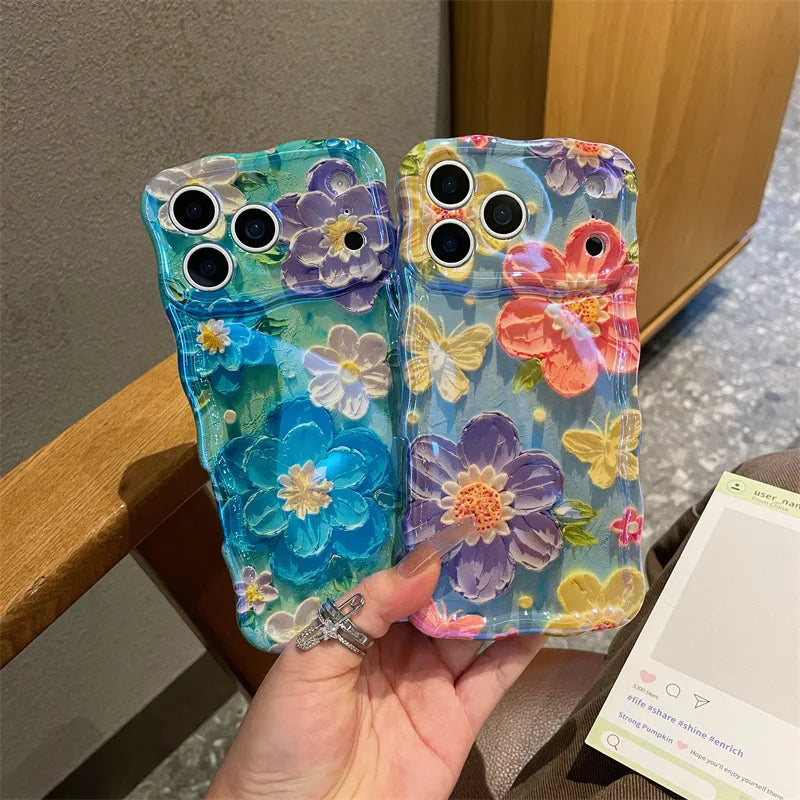 Luxury Blue Light Oil Painting Flowers Wavy Phone Case For iPhone