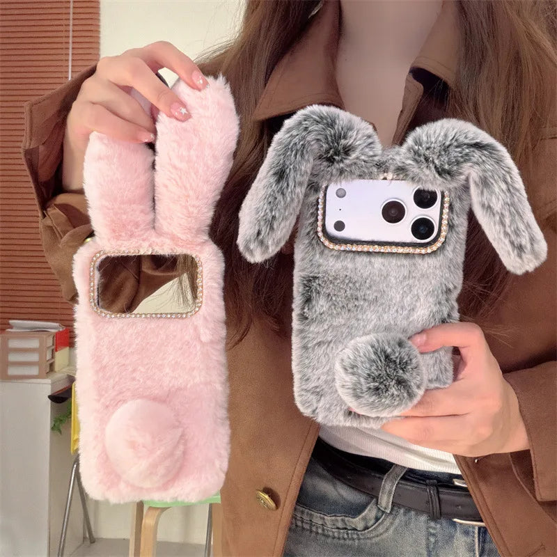 3D Cute Rabbit Ears Warm Furry Plush Bunny Phone Case For iPhone