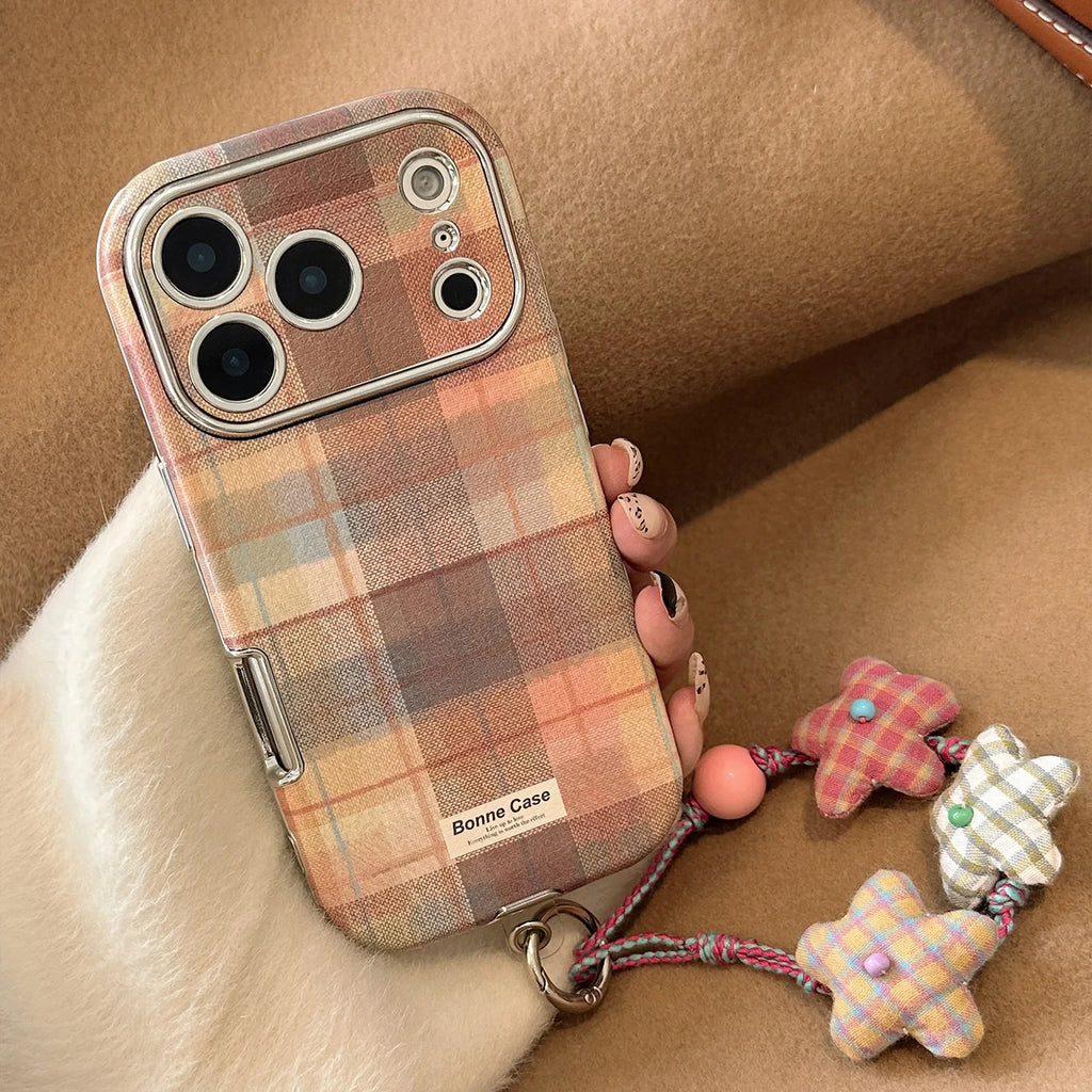 Korean Grid Pattern Cloth Texture Plating Phone Case With Stars Strap For iPhone