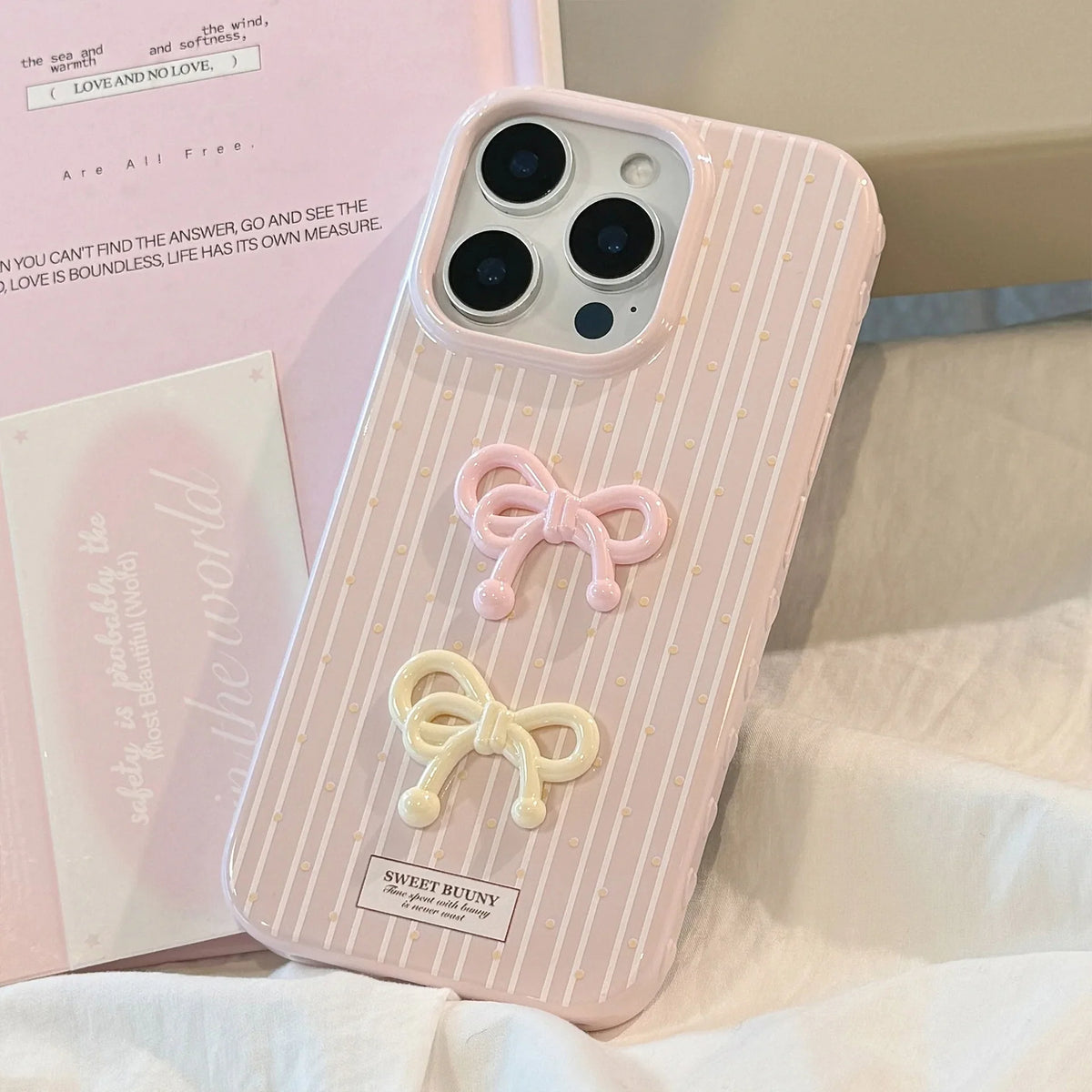 Korean Cute 3D Bowknot Pink Striped Wave Point Soft Phone Case For iPhone