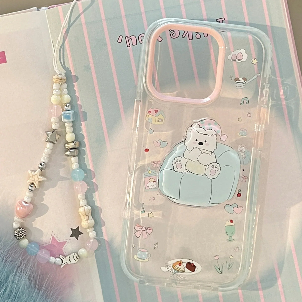 INS Dessert Clear Cartoon Sofa Puppy Bracket With Chain Phone Case For iPhone