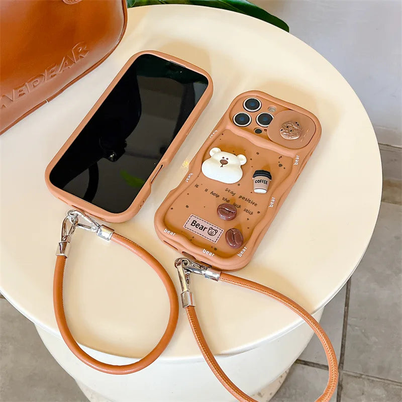 3D Coffee Cartoon Bear Phone Case With Wrist Strap For iPhone