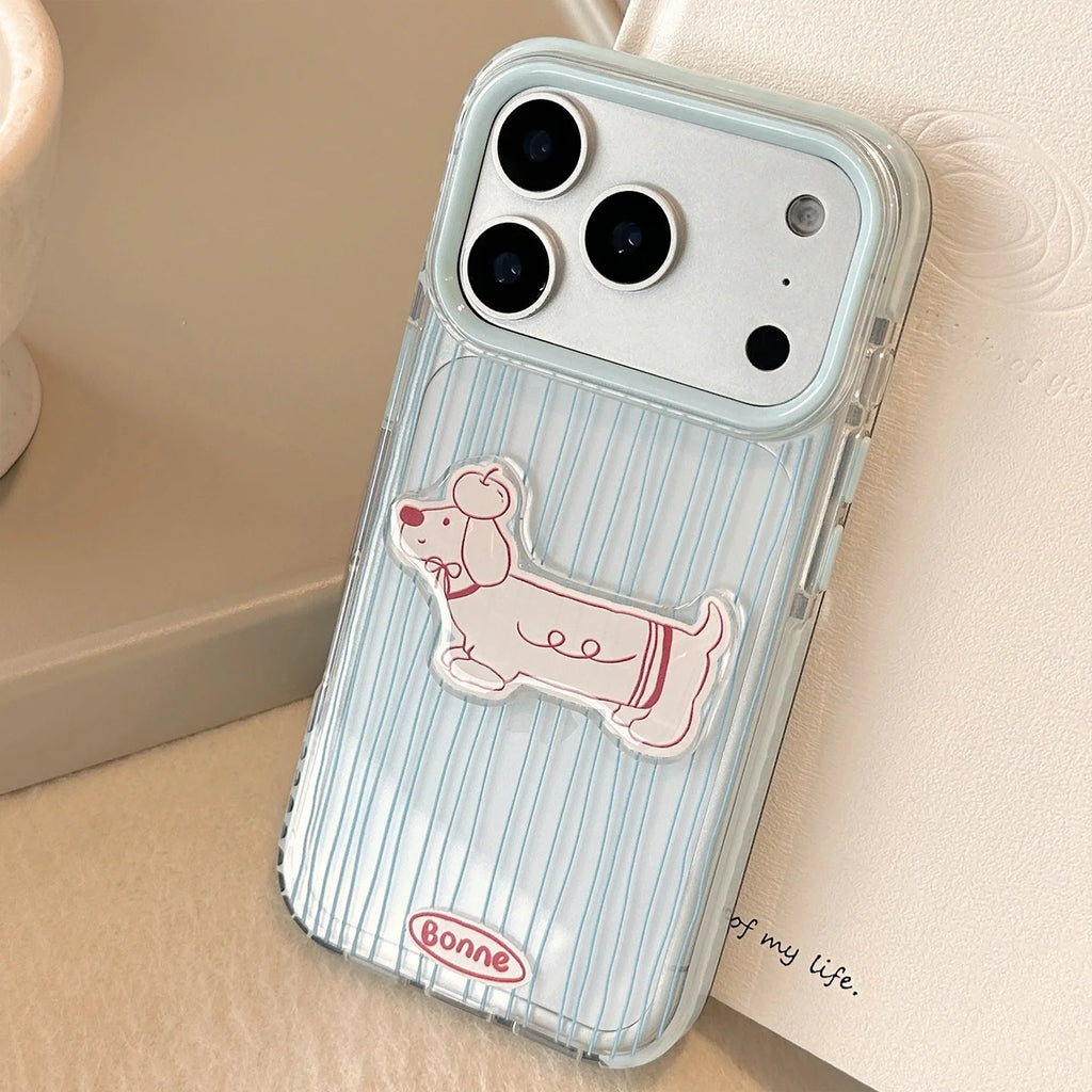Korean Blue Striped 3D Cute Cartoon Puppy Soft Phone Case For iPhone