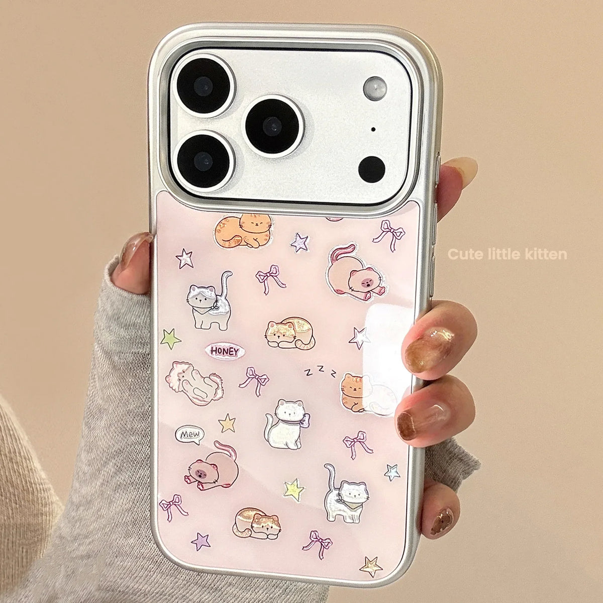 Korean Cartoon Kitten Silver Border Plating Phone Case For iPhone