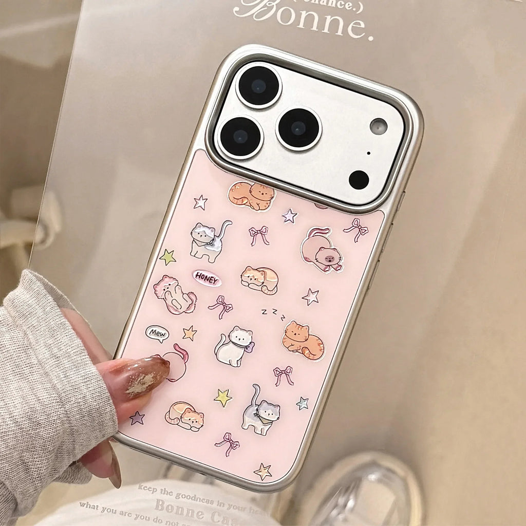 Korean Cartoon Kitten Silver Border Plating Phone Case For iPhone
