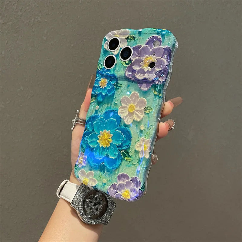 Luxury Blue Light Oil Painting Flowers Wavy Phone Case For iPhone