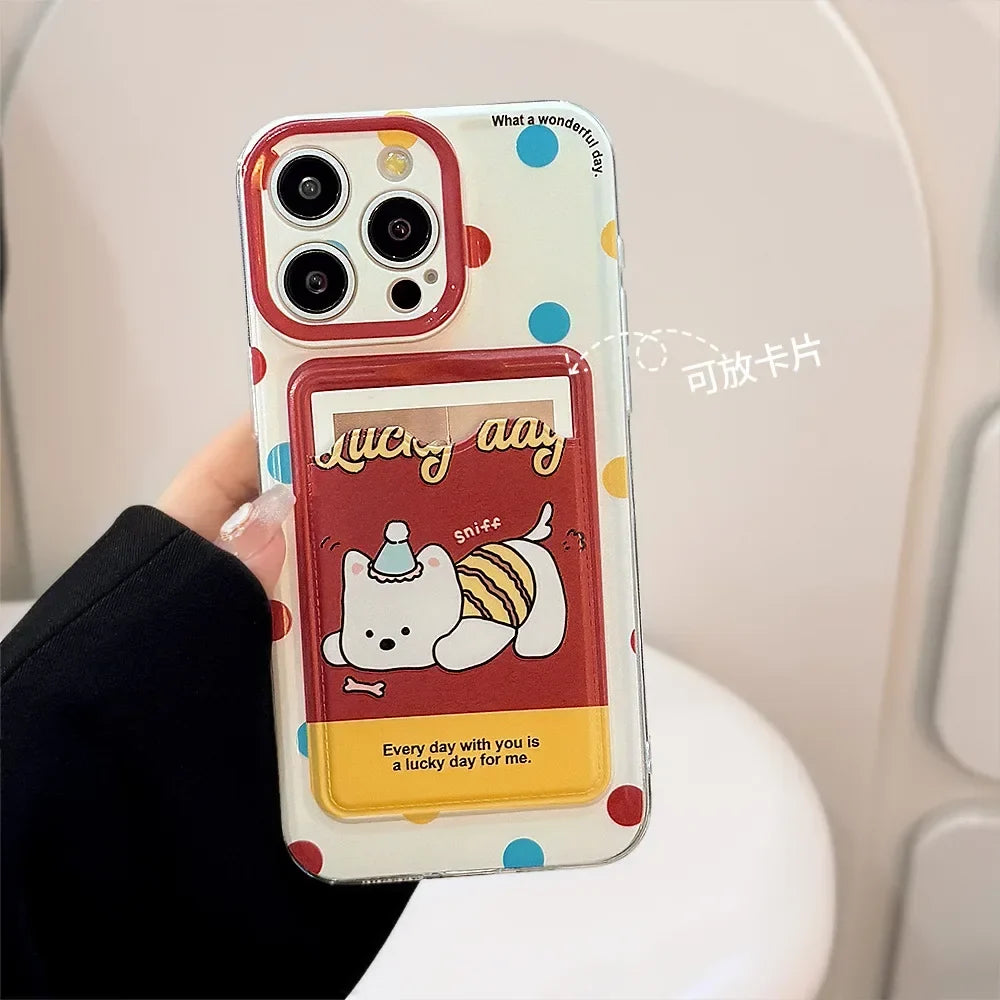 Cute Cartoon Puppy Bracket Card Holder Phone Case With Lanyard For iPhone