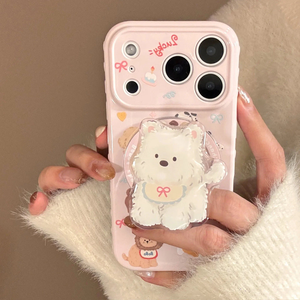 Korean Cute Cartoon Puppy Magnetic Stand Holder Phone Case For iPhone