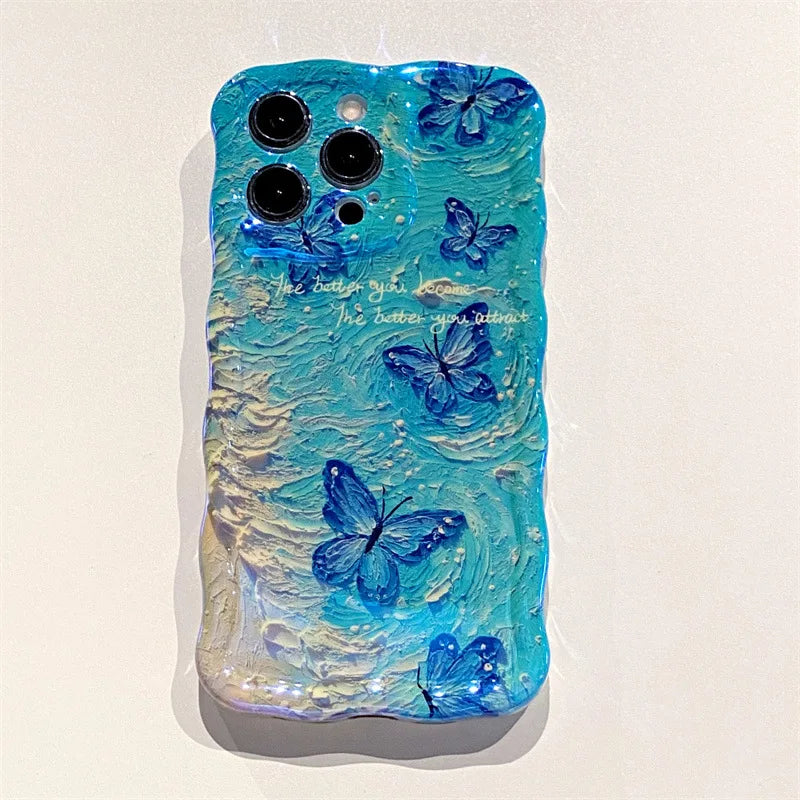 Luxury Retro Oil Painting Butterfly Wavy Border Phone Case For iPhone