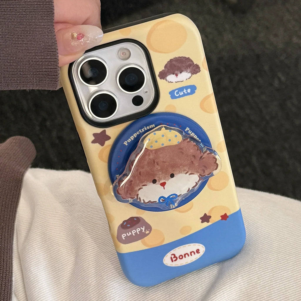 Korean Cartoon Puppy Magnetic Stand Holder Phone Case For iPhone